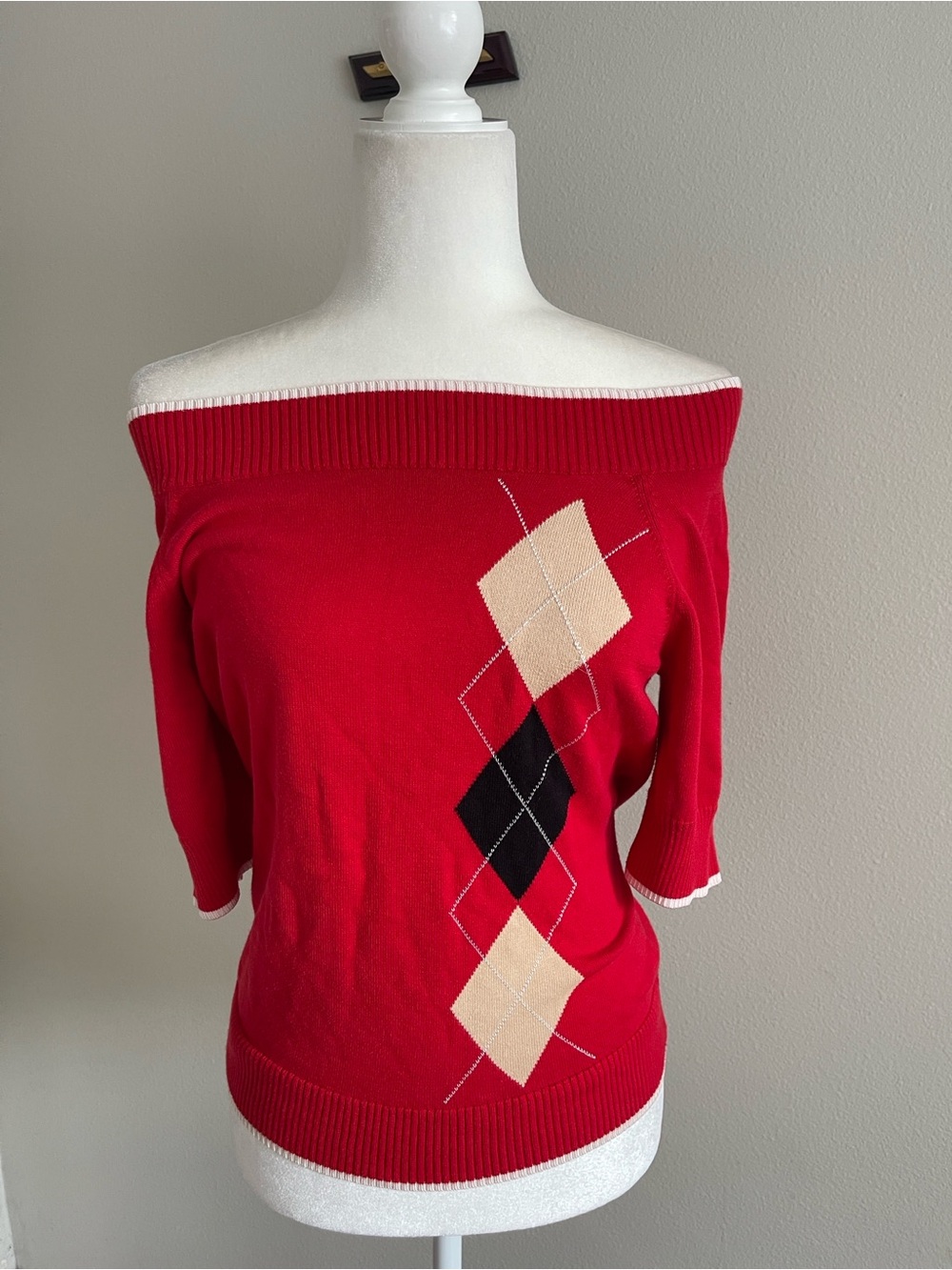 Liz Claiborne Red Off-the-Shoulder Argyle Sweater